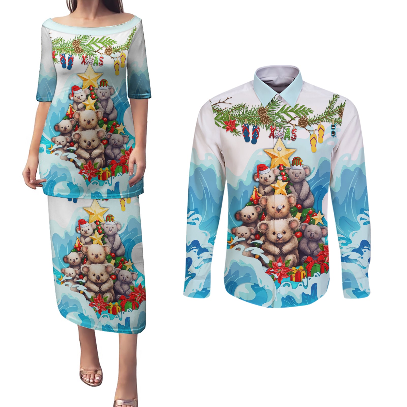 personalised-australia-koala-christmas-couples-matching-puletasi-dress-and-long-sleeve-button-shirt-merry-and-bright-breaking-wave