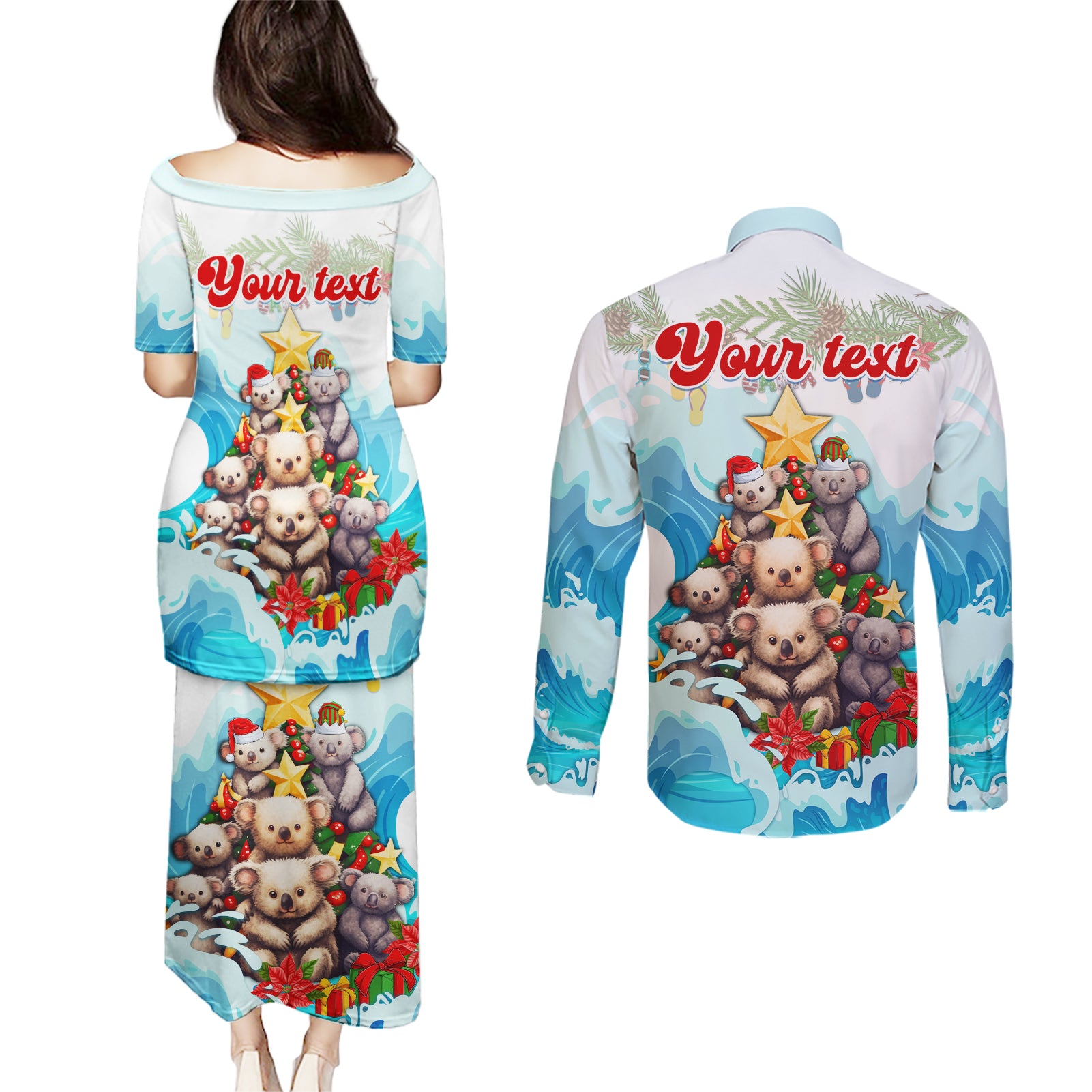 personalised-australia-koala-christmas-couples-matching-puletasi-dress-and-long-sleeve-button-shirt-merry-and-bright-breaking-wave