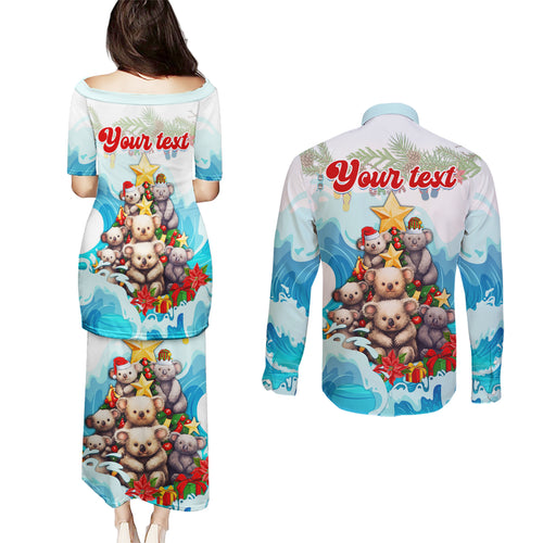 personalised-australia-koala-christmas-couples-matching-puletasi-dress-and-long-sleeve-button-shirt-merry-and-bright-breaking-wave