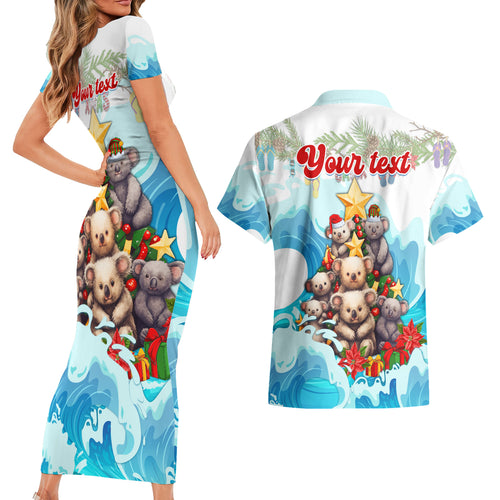 personalised-australia-koala-christmas-couples-matching-short-sleeve-bodycon-dress-and-hawaiian-shirt-merry-and-bright-breaking-wave