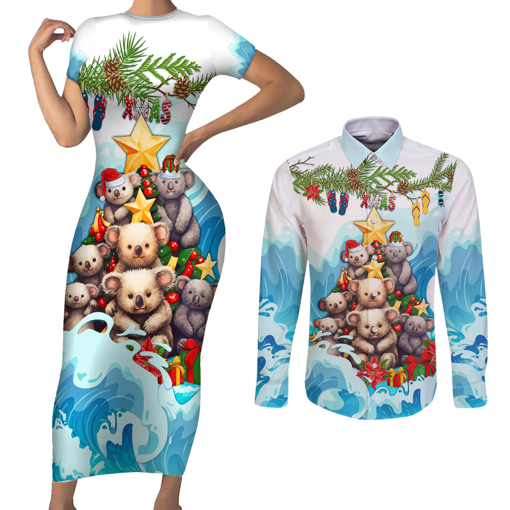 personalised-australia-koala-christmas-couples-matching-short-sleeve-bodycon-dress-and-long-sleeve-button-shirt-merry-and-bright-breaking-wave