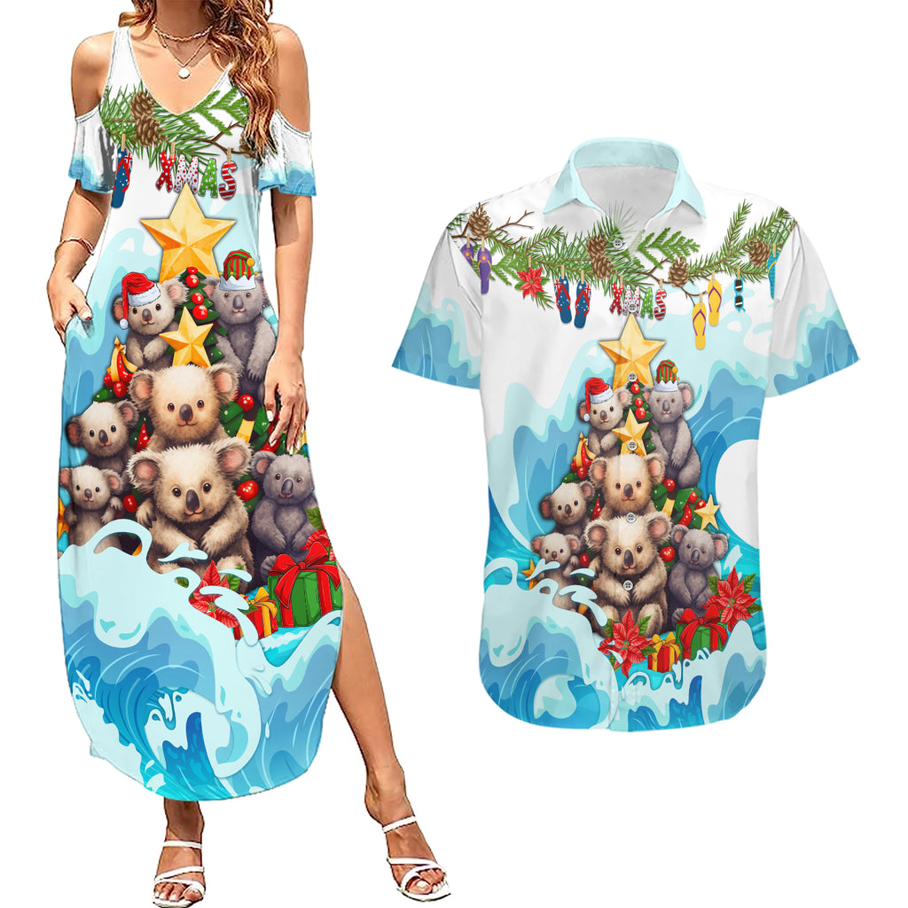 personalised-australia-koala-christmas-couples-matching-summer-maxi-dress-and-hawaiian-shirt-merry-and-bright-breaking-wave