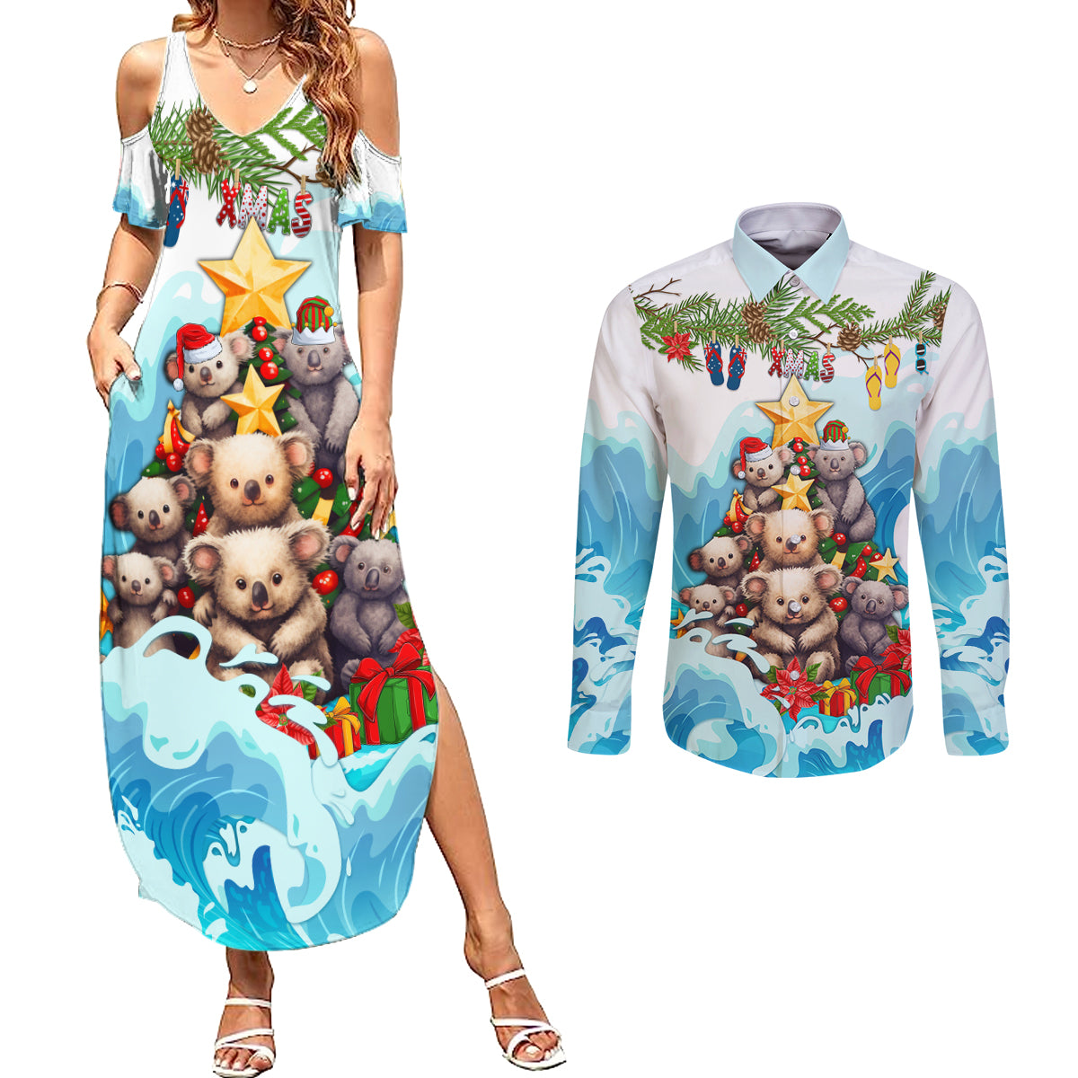 personalised-australia-koala-christmas-couples-matching-summer-maxi-dress-and-long-sleeve-button-shirt-merry-and-bright-breaking-wave