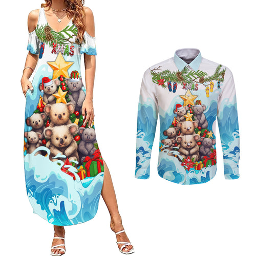 personalised-australia-koala-christmas-couples-matching-summer-maxi-dress-and-long-sleeve-button-shirt-merry-and-bright-breaking-wave