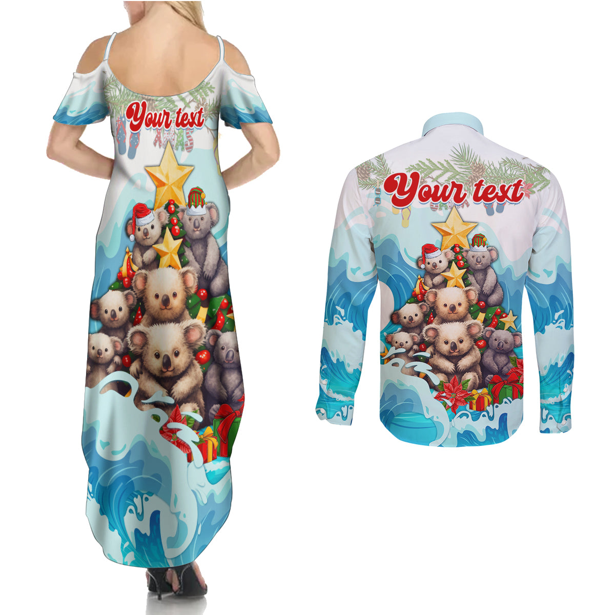 personalised-australia-koala-christmas-couples-matching-summer-maxi-dress-and-long-sleeve-button-shirt-merry-and-bright-breaking-wave