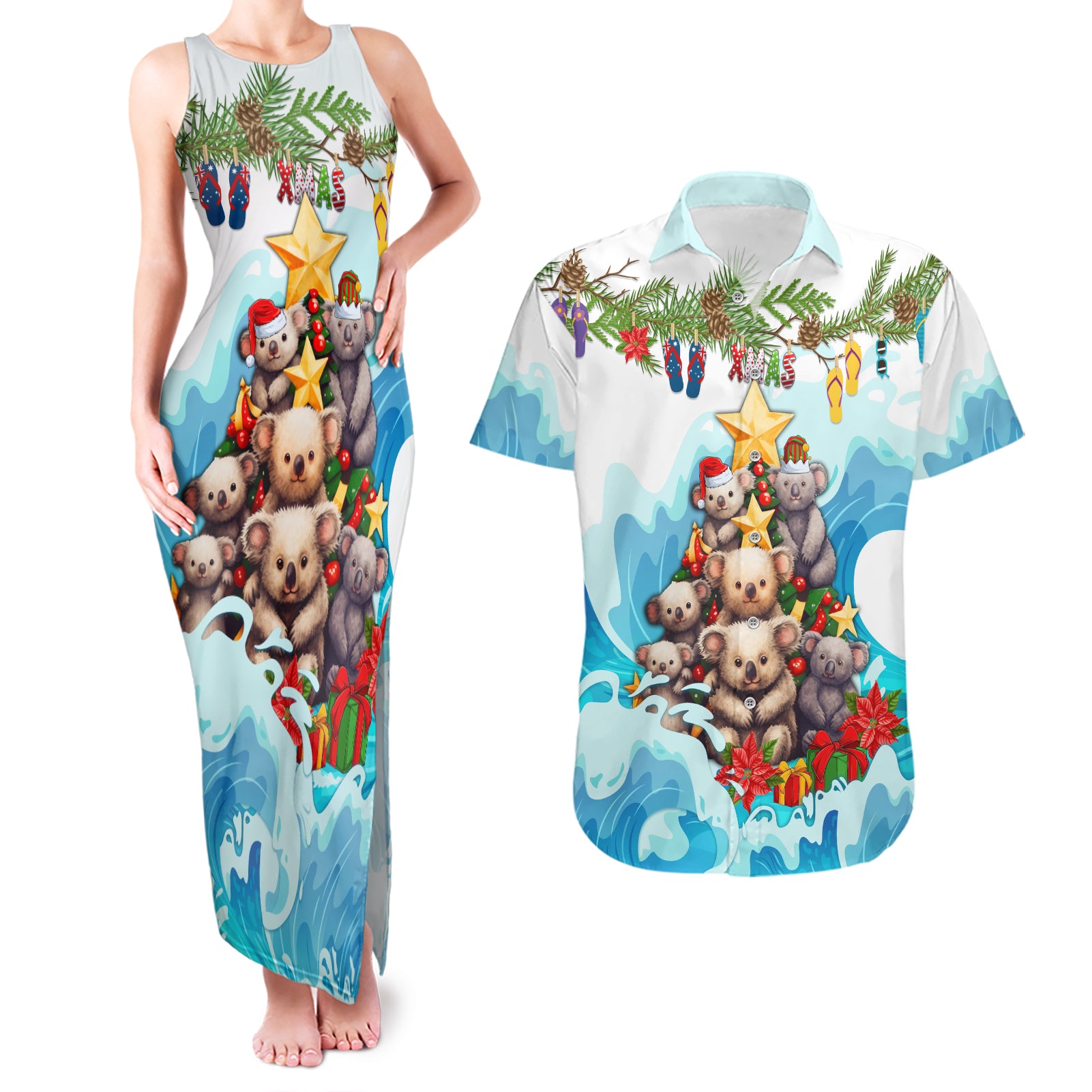 personalised-australia-koala-christmas-couples-matching-tank-maxi-dress-and-hawaiian-shirt-merry-and-bright-breaking-wave