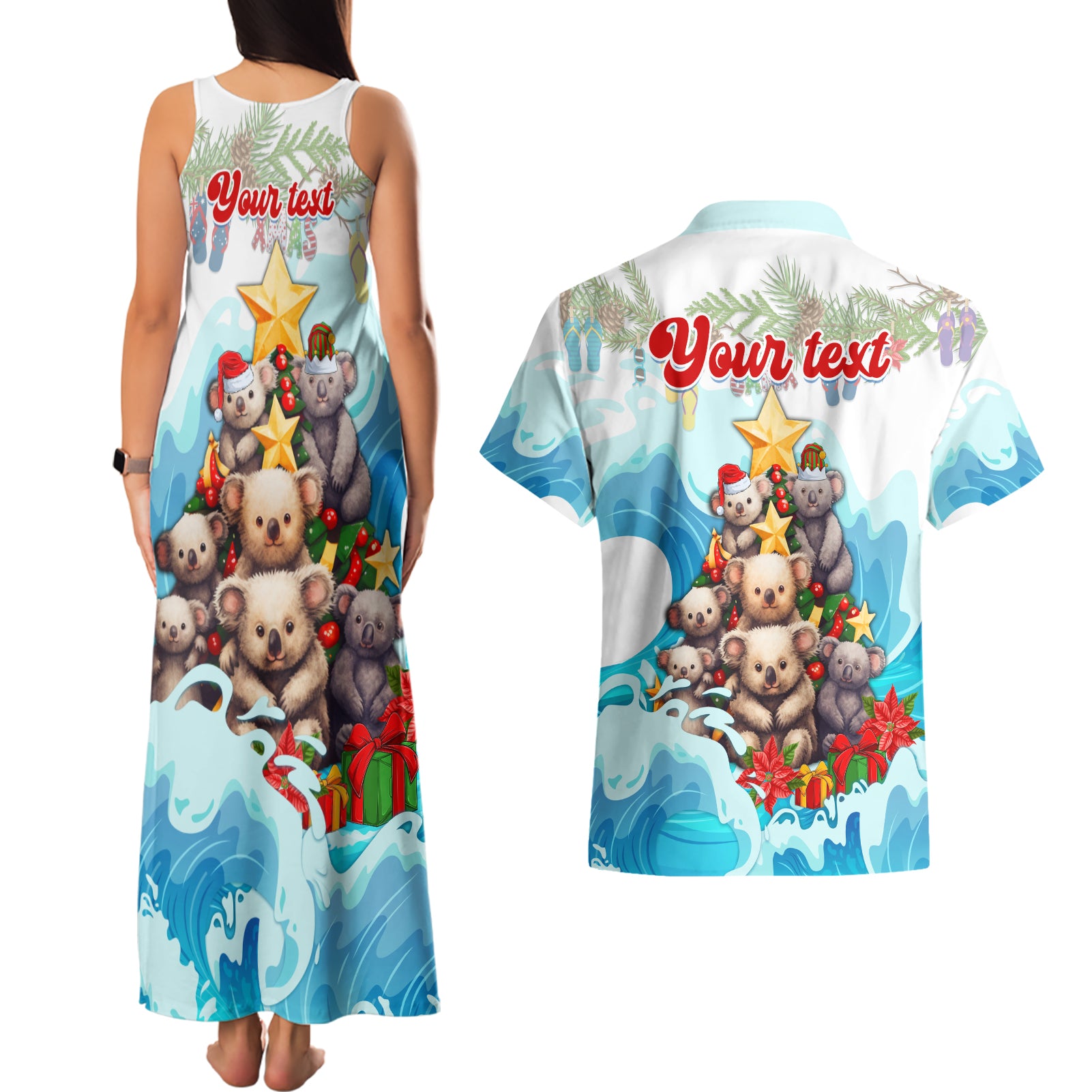 personalised-australia-koala-christmas-couples-matching-tank-maxi-dress-and-hawaiian-shirt-merry-and-bright-breaking-wave