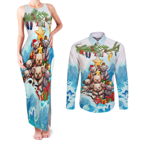 personalised-australia-koala-christmas-couples-matching-tank-maxi-dress-and-long-sleeve-button-shirt-merry-and-bright-breaking-wave