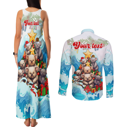 personalised-australia-koala-christmas-couples-matching-tank-maxi-dress-and-long-sleeve-button-shirt-merry-and-bright-breaking-wave