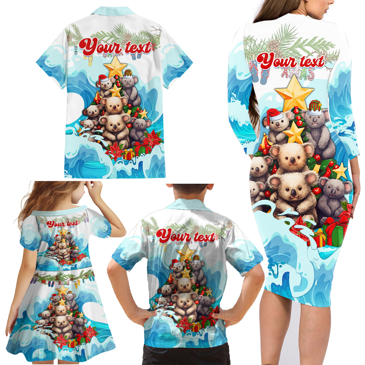 personalised-australia-koala-christmas-family-matching-long-sleeve-bodycon-dress-and-hawaiian-shirt-merry-and-bright-breaking-wave
