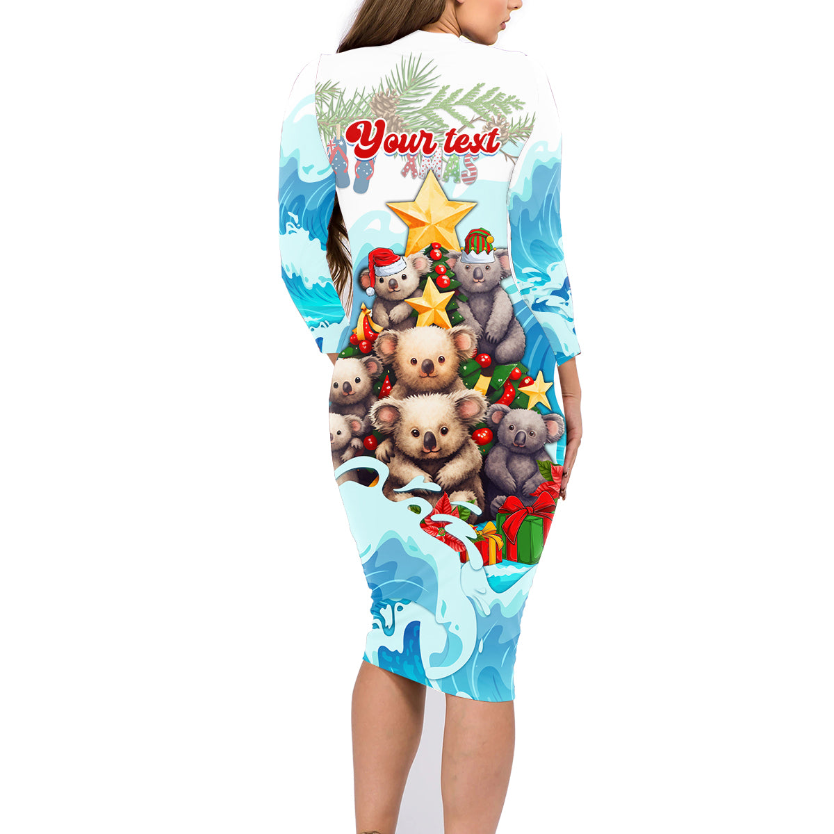 personalised-australia-koala-christmas-family-matching-long-sleeve-bodycon-dress-and-hawaiian-shirt-merry-and-bright-breaking-wave