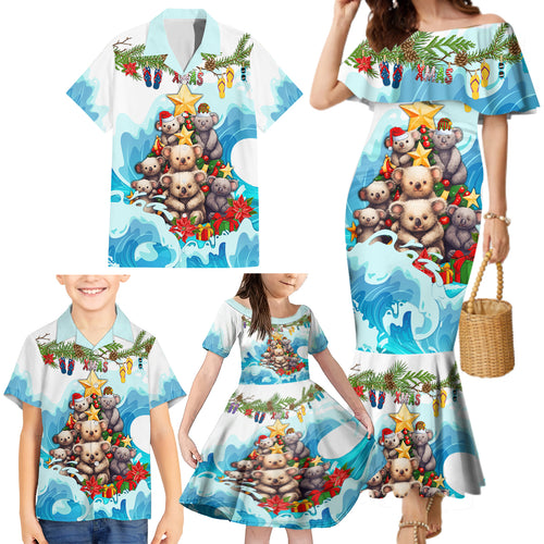 personalised-australia-koala-christmas-family-matching-mermaid-dress-and-hawaiian-shirt-merry-and-bright-breaking-wave