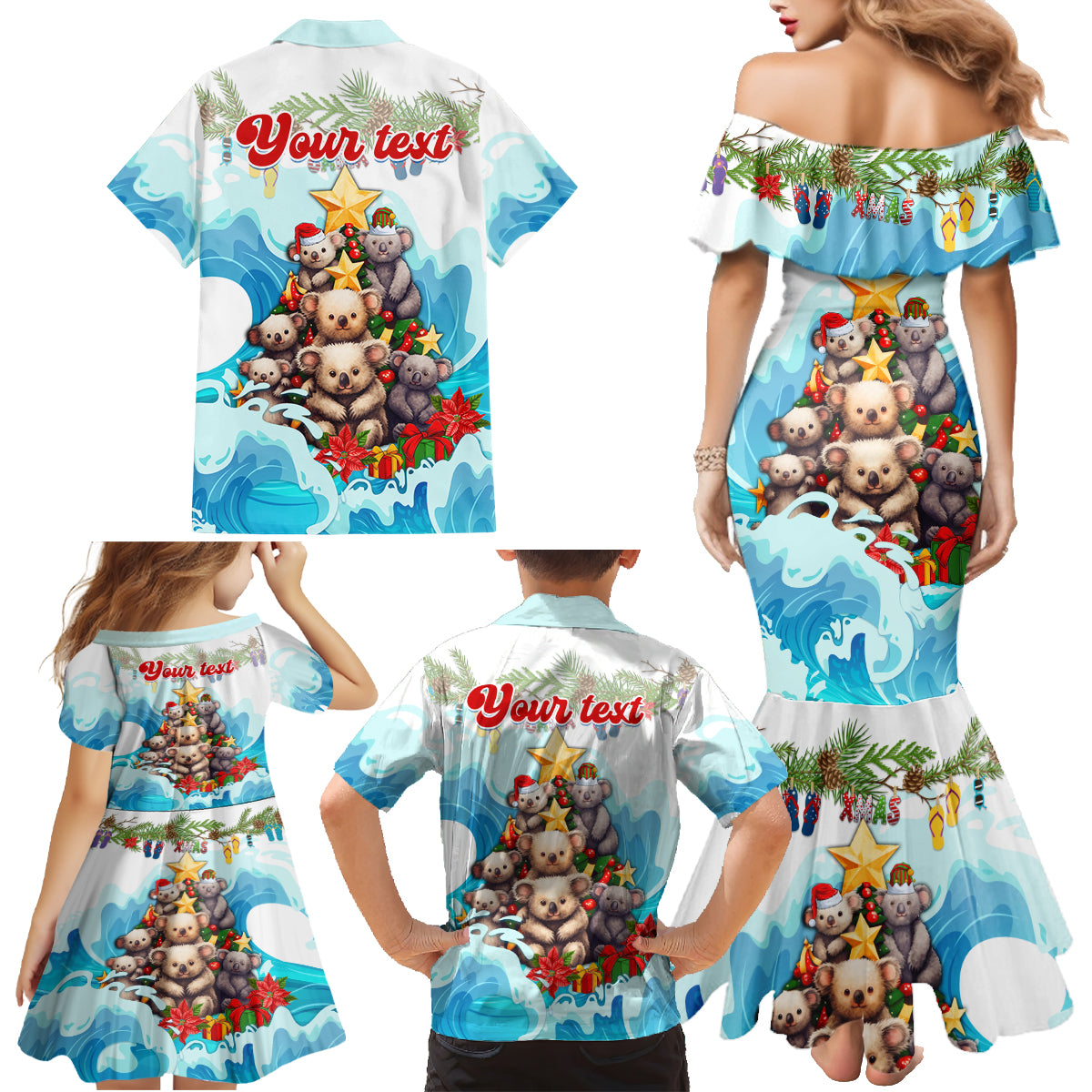 personalised-australia-koala-christmas-family-matching-mermaid-dress-and-hawaiian-shirt-merry-and-bright-breaking-wave