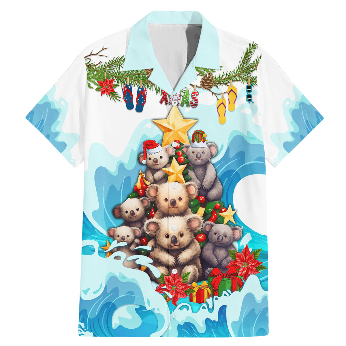 personalised-australia-koala-christmas-family-matching-mermaid-dress-and-hawaiian-shirt-merry-and-bright-breaking-wave