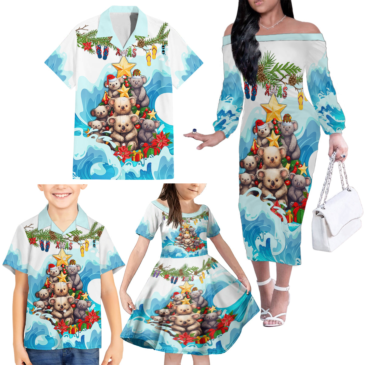 personalised-australia-koala-christmas-family-matching-off-shoulder-long-sleeve-dress-and-hawaiian-shirt-merry-and-bright-breaking-wave