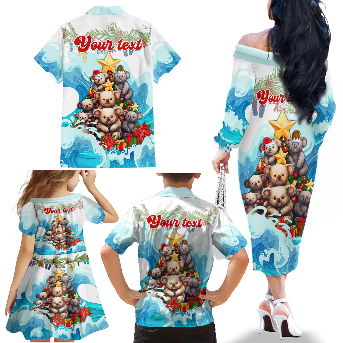 personalised-australia-koala-christmas-family-matching-off-shoulder-long-sleeve-dress-and-hawaiian-shirt-merry-and-bright-breaking-wave