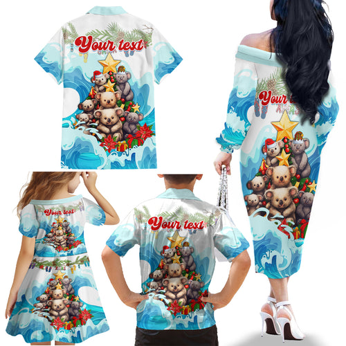 personalised-australia-koala-christmas-family-matching-off-shoulder-long-sleeve-dress-and-hawaiian-shirt-merry-and-bright-breaking-wave