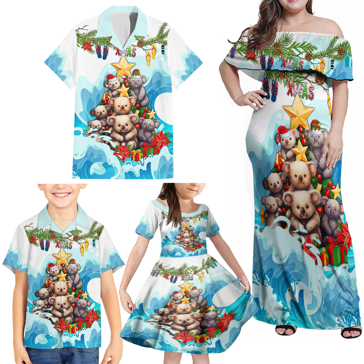 personalised-australia-koala-christmas-family-matching-off-shoulder-maxi-dress-and-hawaiian-shirt-merry-and-bright-breaking-wave