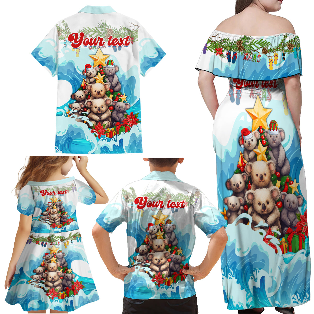 personalised-australia-koala-christmas-family-matching-off-shoulder-maxi-dress-and-hawaiian-shirt-merry-and-bright-breaking-wave