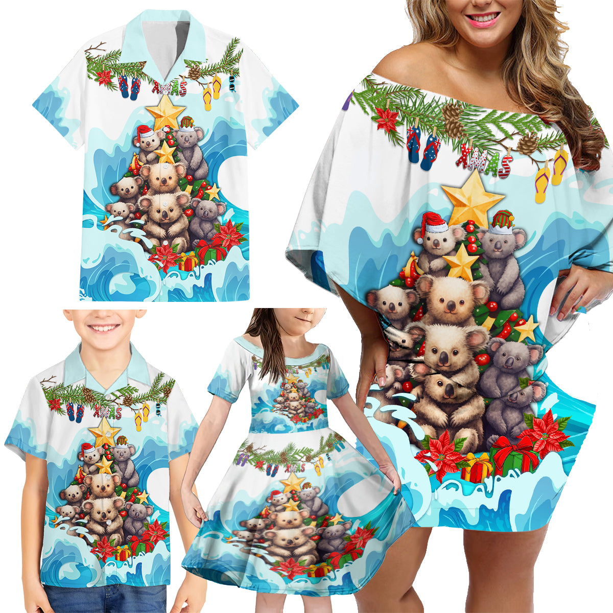 personalised-australia-koala-christmas-family-matching-off-shoulder-short-dress-and-hawaiian-shirt-merry-and-bright-breaking-wave