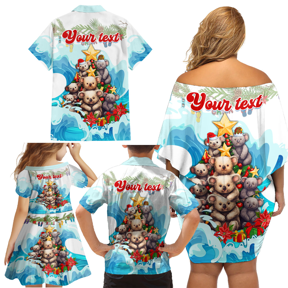 personalised-australia-koala-christmas-family-matching-off-shoulder-short-dress-and-hawaiian-shirt-merry-and-bright-breaking-wave