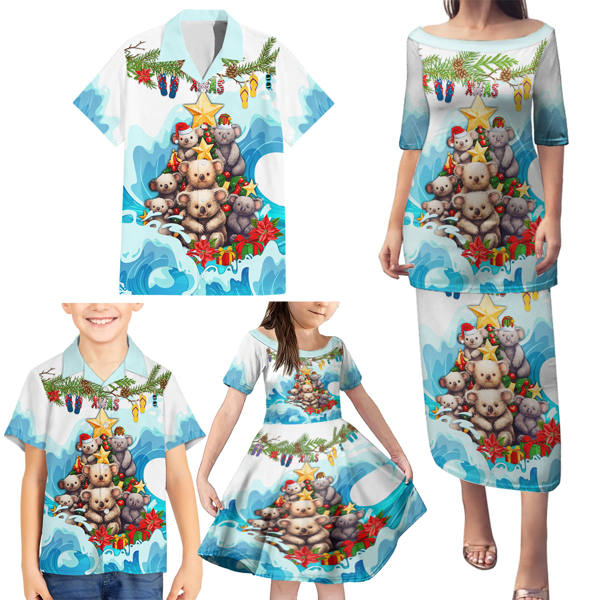 personalised-australia-koala-christmas-family-matching-puletasi-dress-and-hawaiian-shirt-merry-and-bright-breaking-wave