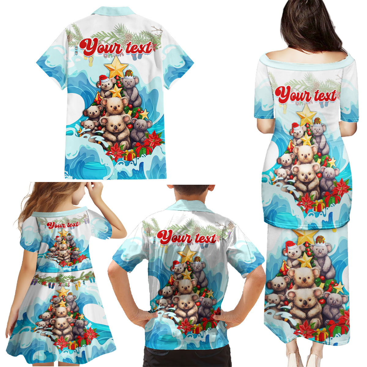 personalised-australia-koala-christmas-family-matching-puletasi-dress-and-hawaiian-shirt-merry-and-bright-breaking-wave