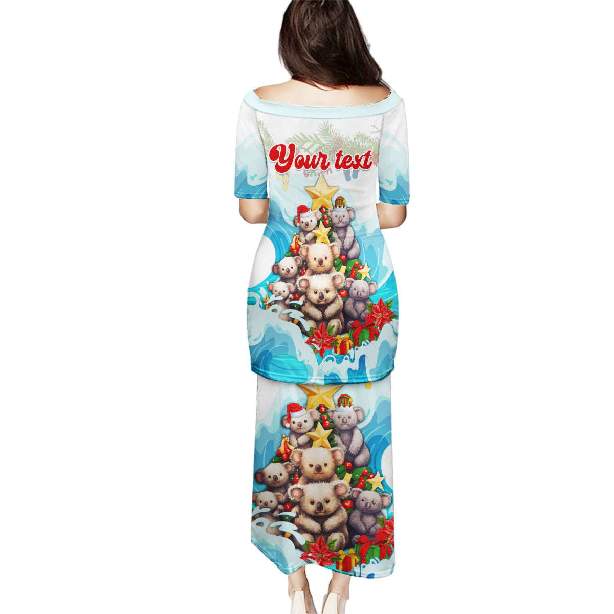personalised-australia-koala-christmas-family-matching-puletasi-dress-and-hawaiian-shirt-merry-and-bright-breaking-wave