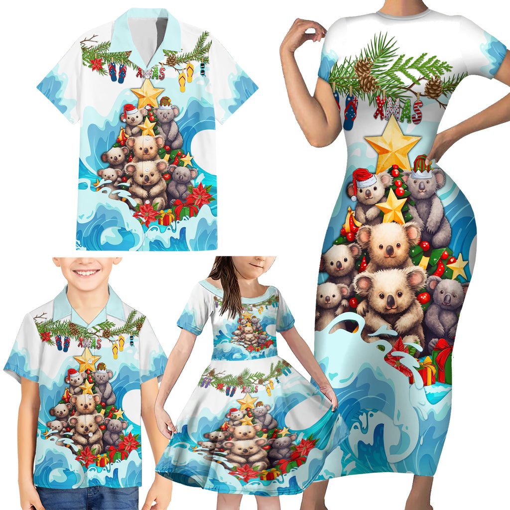 personalised-australia-koala-christmas-family-matching-short-sleeve-bodycon-dress-and-hawaiian-shirt-merry-and-bright-breaking-wave