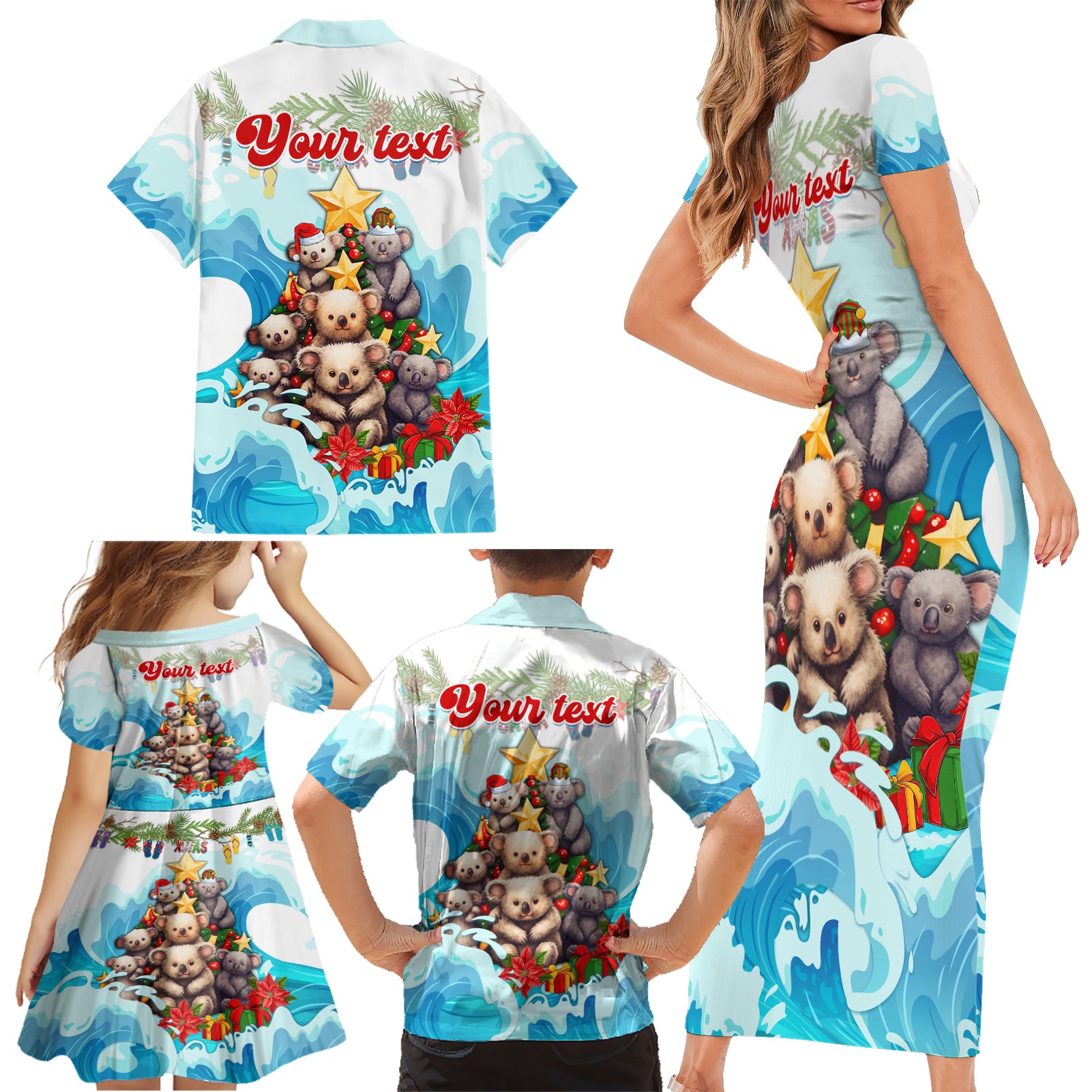 personalised-australia-koala-christmas-family-matching-short-sleeve-bodycon-dress-and-hawaiian-shirt-merry-and-bright-breaking-wave