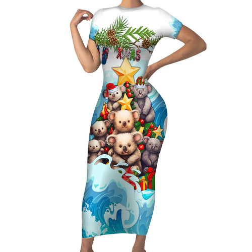 personalised-australia-koala-christmas-family-matching-short-sleeve-bodycon-dress-and-hawaiian-shirt-merry-and-bright-breaking-wave