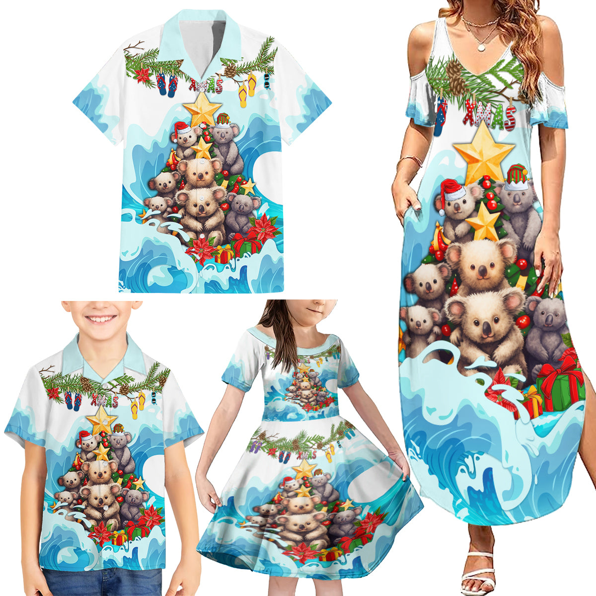 personalised-australia-koala-christmas-family-matching-summer-maxi-dress-and-hawaiian-shirt-merry-and-bright-breaking-wave