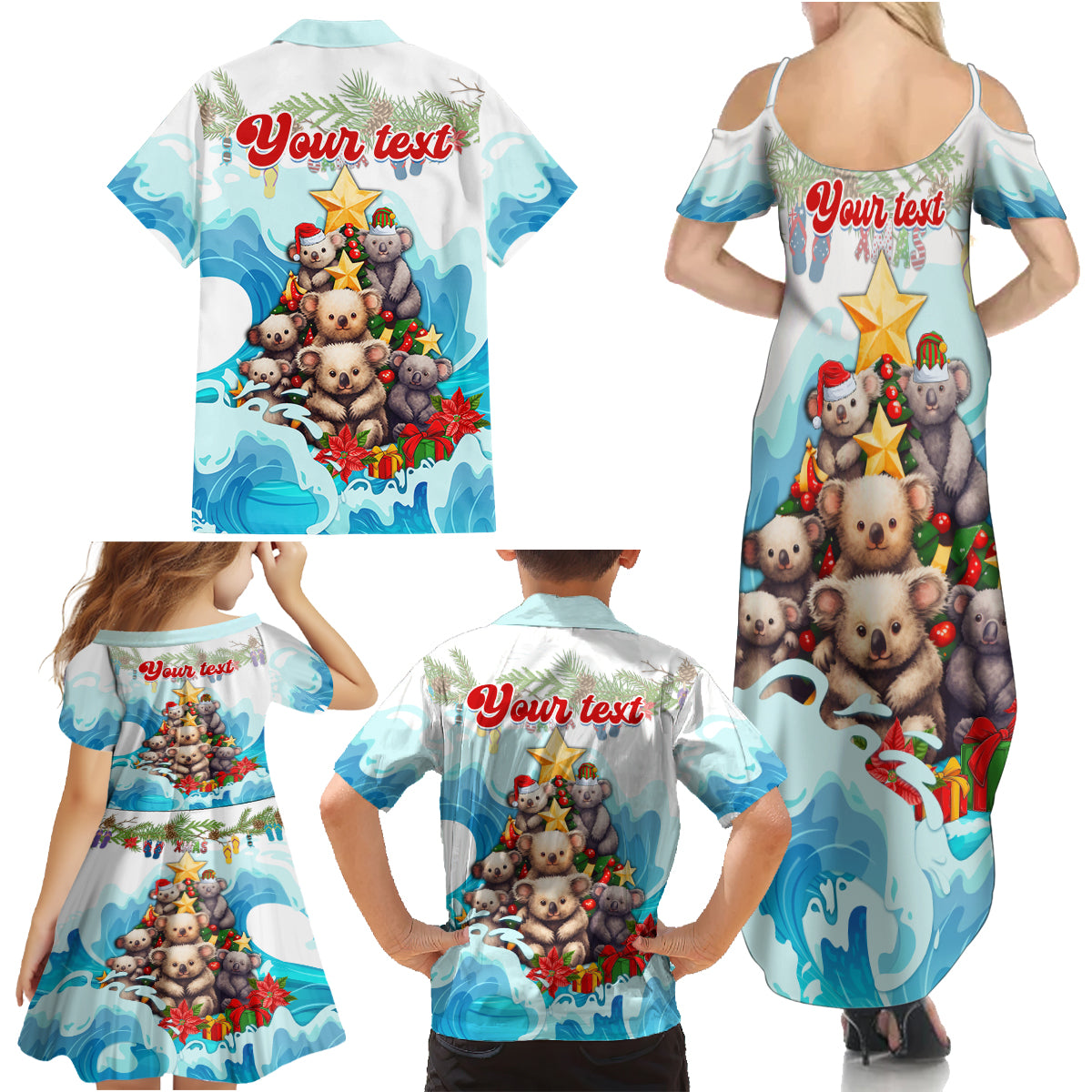personalised-australia-koala-christmas-family-matching-summer-maxi-dress-and-hawaiian-shirt-merry-and-bright-breaking-wave