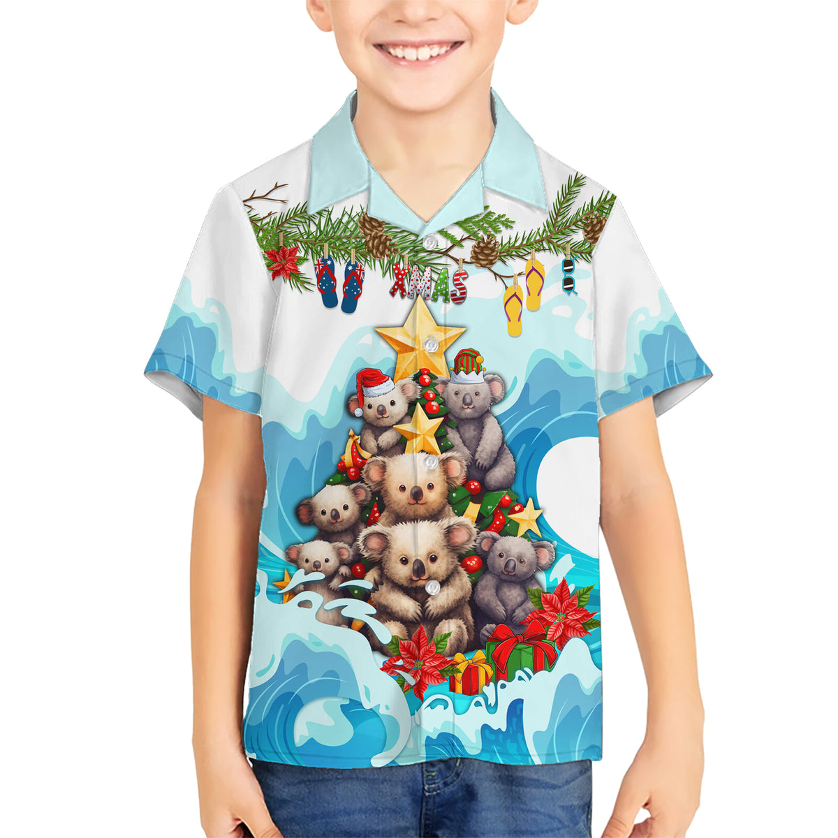 personalised-australia-koala-christmas-kid-hawaiian-shirt-merry-and-bright-breaking-wave