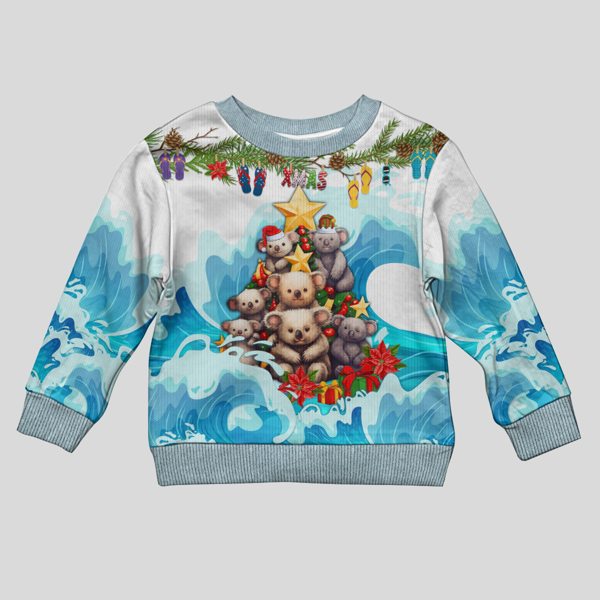 personalised-australia-koala-christmas-kid-ugly-christmas-sweater-merry-and-bright-breaking-wave