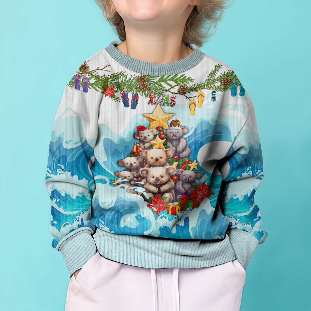 personalised-australia-koala-christmas-kid-ugly-christmas-sweater-merry-and-bright-breaking-wave