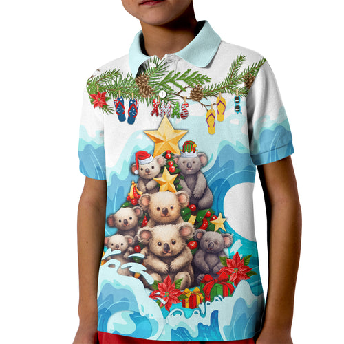 personalised-australia-koala-christmas-kid-polo-shirt-merry-and-bright-breaking-wave