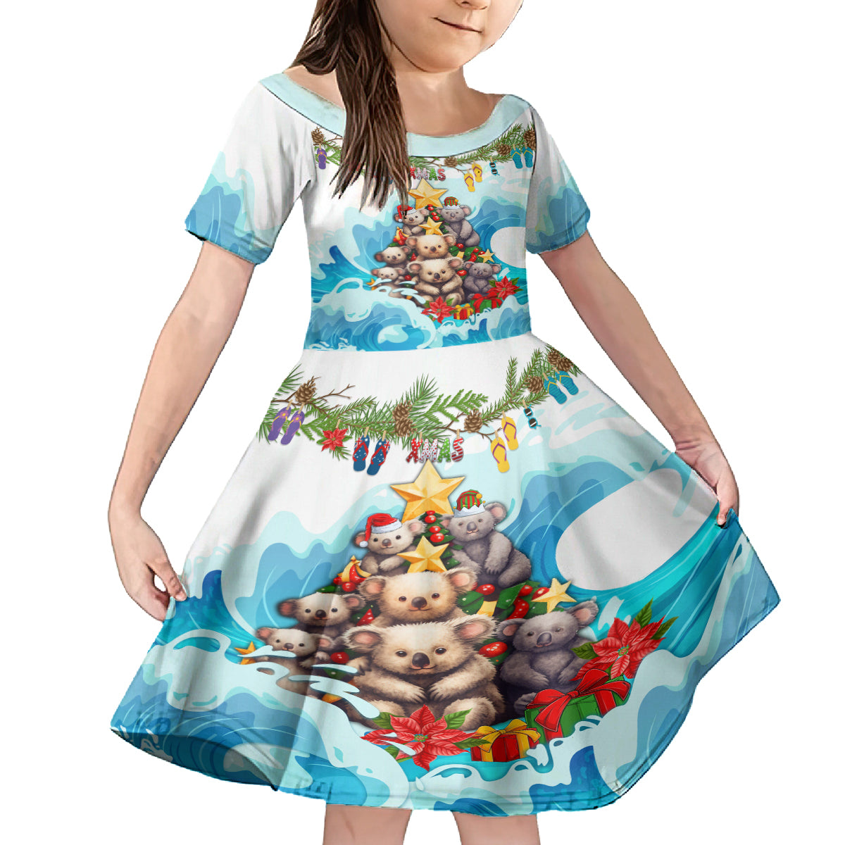 personalised-australia-koala-christmas-kid-short-sleeve-dress-merry-and-bright-breaking-wave