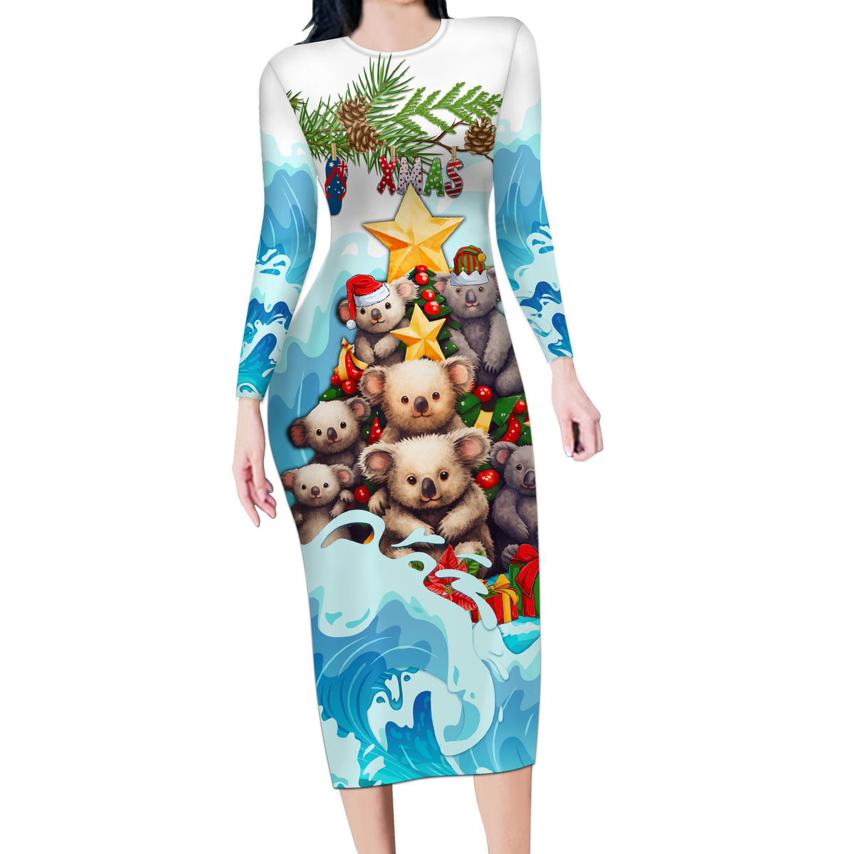 personalised-australia-koala-christmas-long-sleeve-bodycon-dress-merry-and-bright-breaking-wave