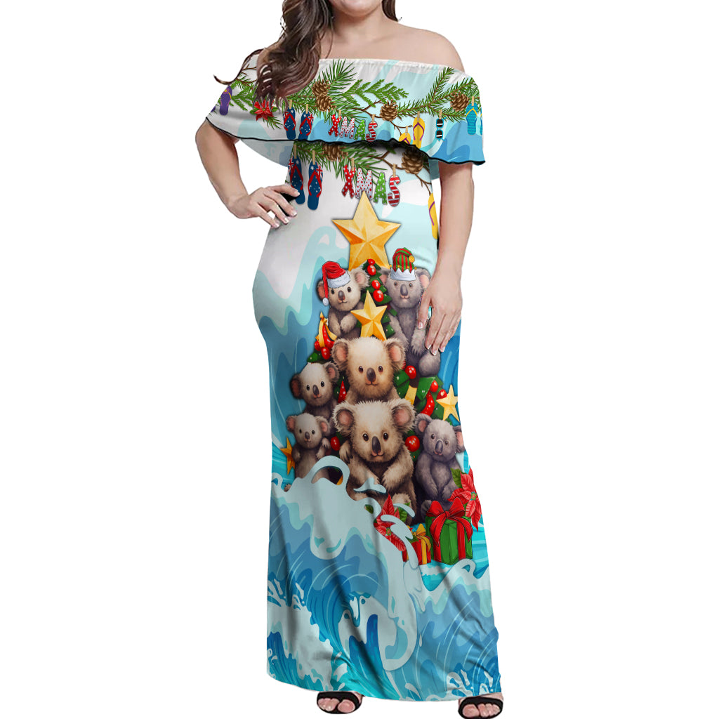 personalised-australia-koala-christmas-off-shoulder-maxi-dress-merry-and-bright-breaking-wave