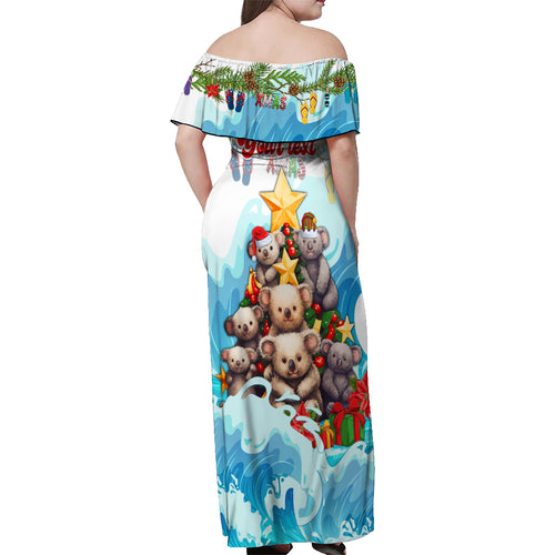 personalised-australia-koala-christmas-off-shoulder-maxi-dress-merry-and-bright-breaking-wave