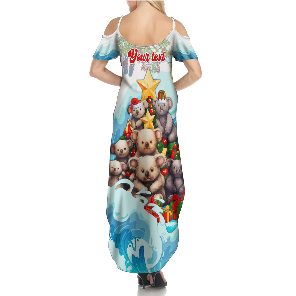 personalised-australia-koala-christmas-summer-maxi-dress-merry-and-bright-breaking-wave