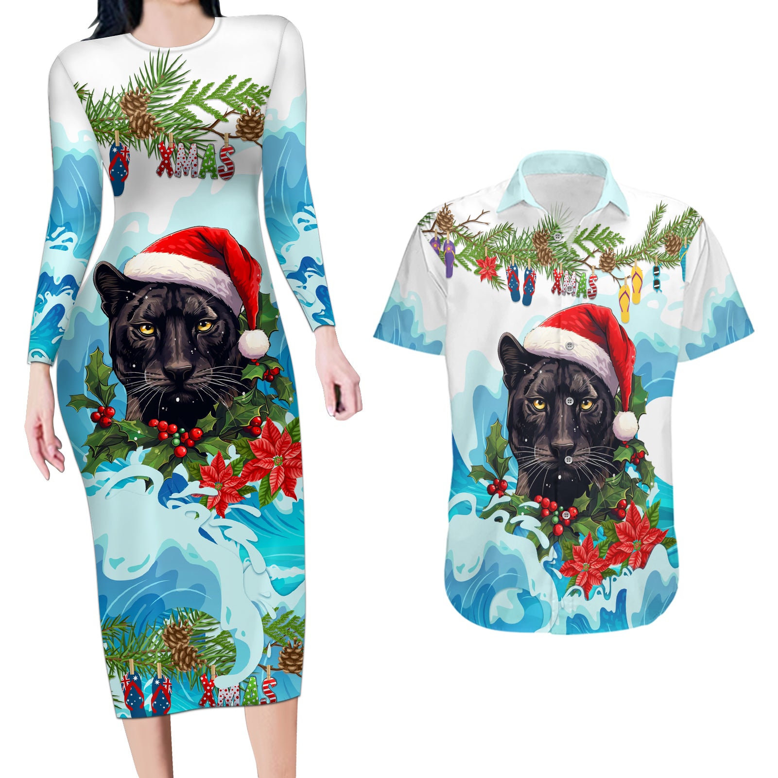 personalised-australia-panthers-christmas-couples-matching-long-sleeve-bodycon-dress-and-hawaiian-shirt-merry-and-bright-breaking-wave
