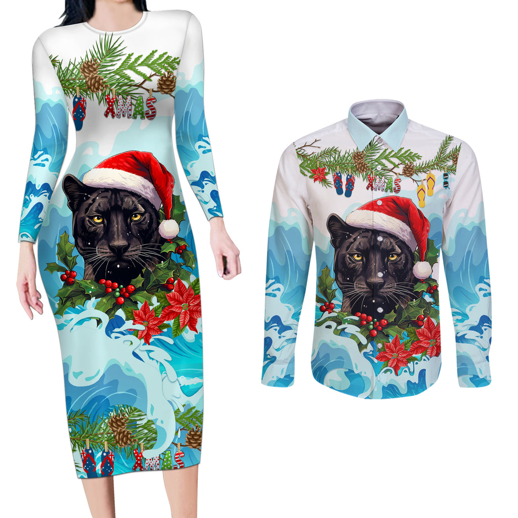 personalised-australia-panthers-christmas-couples-matching-long-sleeve-bodycon-dress-and-long-sleeve-button-shirt-merry-and-bright-breaking-wave