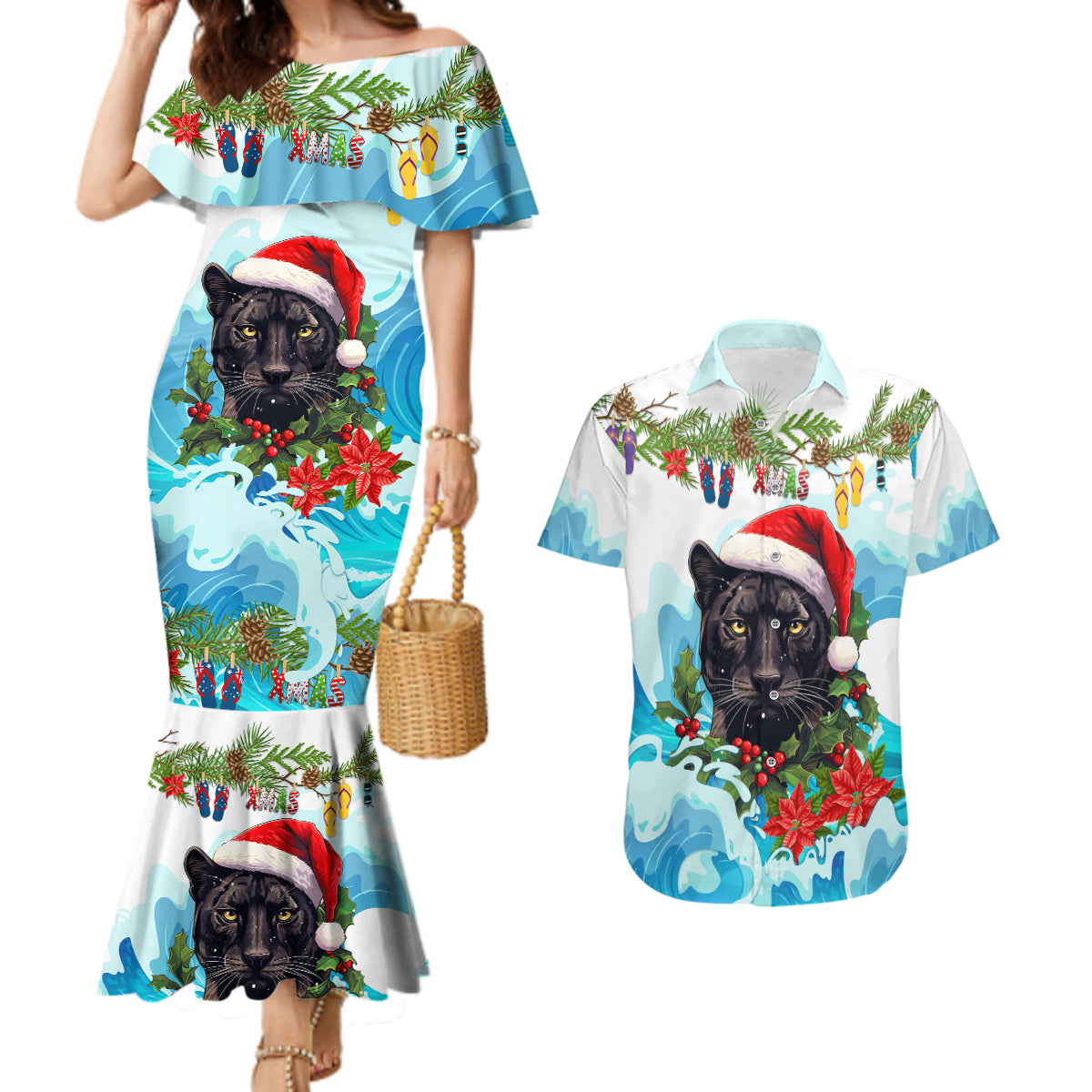 personalised-australia-panthers-christmas-couples-matching-mermaid-dress-and-hawaiian-shirt-merry-and-bright-breaking-wave