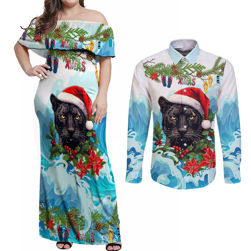 personalised-australia-panthers-christmas-couples-matching-off-shoulder-maxi-dress-and-long-sleeve-button-shirt-merry-and-bright-breaking-wave