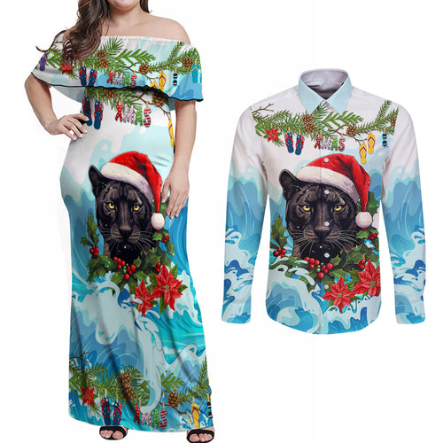 personalised-australia-panthers-christmas-couples-matching-off-shoulder-maxi-dress-and-long-sleeve-button-shirt-merry-and-bright-breaking-wave