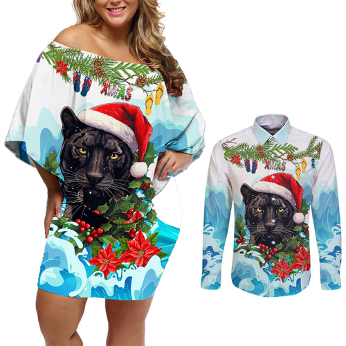 personalised-australia-panthers-christmas-couples-matching-off-shoulder-short-dress-and-long-sleeve-button-shirt-merry-and-bright-breaking-wave