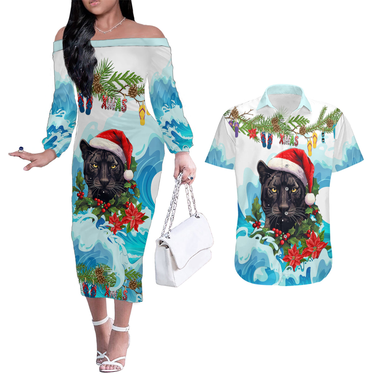 personalised-australia-panthers-christmas-couples-matching-off-the-shoulder-long-sleeve-dress-and-hawaiian-shirt-merry-and-bright-breaking-wave