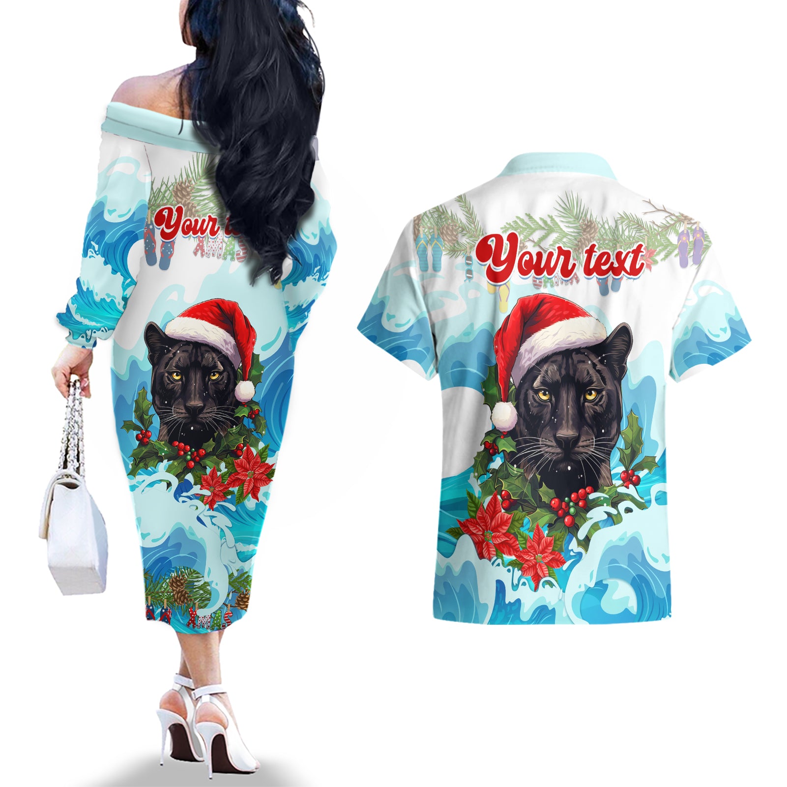 personalised-australia-panthers-christmas-couples-matching-off-the-shoulder-long-sleeve-dress-and-hawaiian-shirt-merry-and-bright-breaking-wave